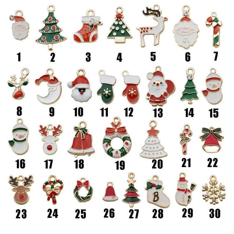 May include: Thirty gold-tone charms with various Christmas themes, including Santa Claus, reindeer, candy canes, snowmen, Christmas trees, and ornaments. The charms are all enamel painted with red, green, white, and blue colors.