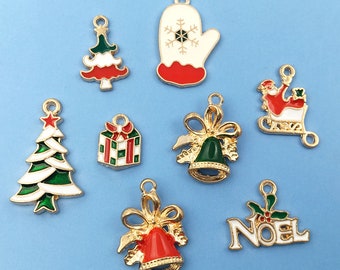 10PCS Enamel Christmas Charms New Xmas Festive Enamel Earrings or Necklace Pendants, Jewellery Making Supplies Christmas Tree Charm