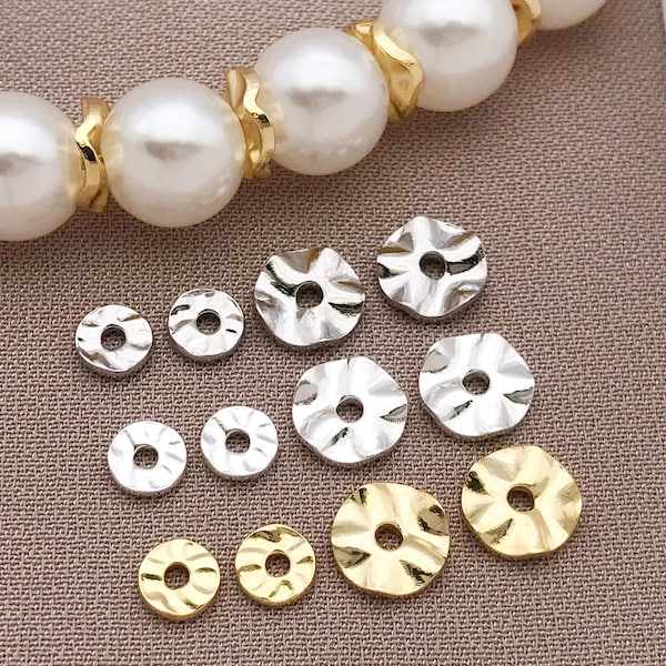 20/30/50pcs Real 18K Gold Plated Spacer Bead, Brass Wavy Disc Beads 4/6mm Metal Flat Round Beads for DIY Bracelet Necklace Jewelry Findings