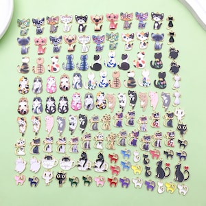 120pcs Bulk Enamel Cartoon Cat Charm Cute Pet Cat PendantDIY Necklace Bracelet Keychain Jewelry Making Crafting Accessories