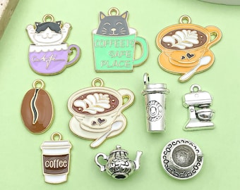 Mezcla de 10/20 piezas de dijes de café esmaltados en plata antigua, tetera, taza de té, gato, colgantes para pulseras, pendientes, collares, accesorios para hacer joyas