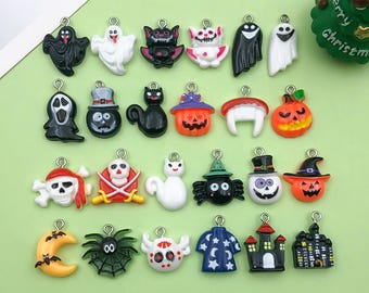 10/20pcs Randomly Mixed Halloween Resin Charms Pumpkin Skeleton Owl Bat Pendant for DIY Halloween Holiday Jewelry Making Decorations