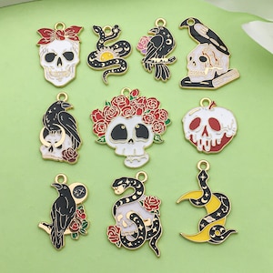 10pcs Fashion Enamel Crow Skull Moon Snake Charm DIY Pendant for Bracelet Earrings Jewelry Making Accessories Craft Supplies