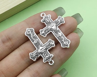 20pcs Antique Silver Cross Charm Hollow Heart Cross Metal Pendant for DIY Bracelet Necklace Earrings Jewelry Making Accessories 22x33mm