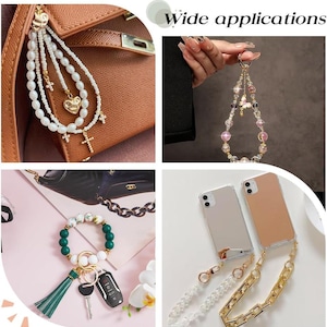 May include: A set of four phone charms with different styles. The charms include a pearl and cross charm, a beaded charm, a green and white beaded bracelet charm, and a gold chain charm. The charms can be used to decorate phones, bags, and other accessories.  Wide applications.