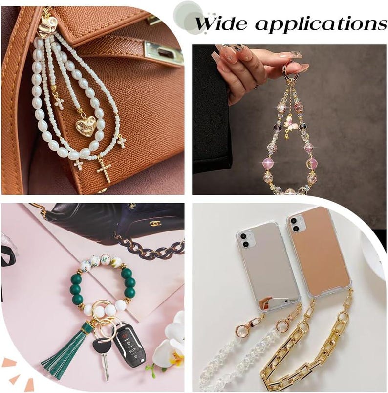 May include: A set of four phone charms with different styles. The charms include a pearl and cross charm, a beaded charm, a green and white beaded bracelet charm, and a gold chain charm. The charms can be used to decorate phones, bags, and other accessories.  Wide applications.