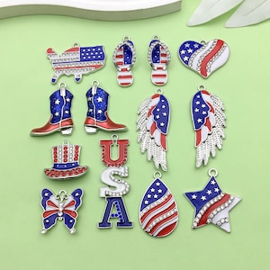 5/13pcs Mix American Flag Charms Patriotic Rhinestone  Enamel Eagle Wings Independence Day 4th of July Charm for Jewelry Making DIY Crafts