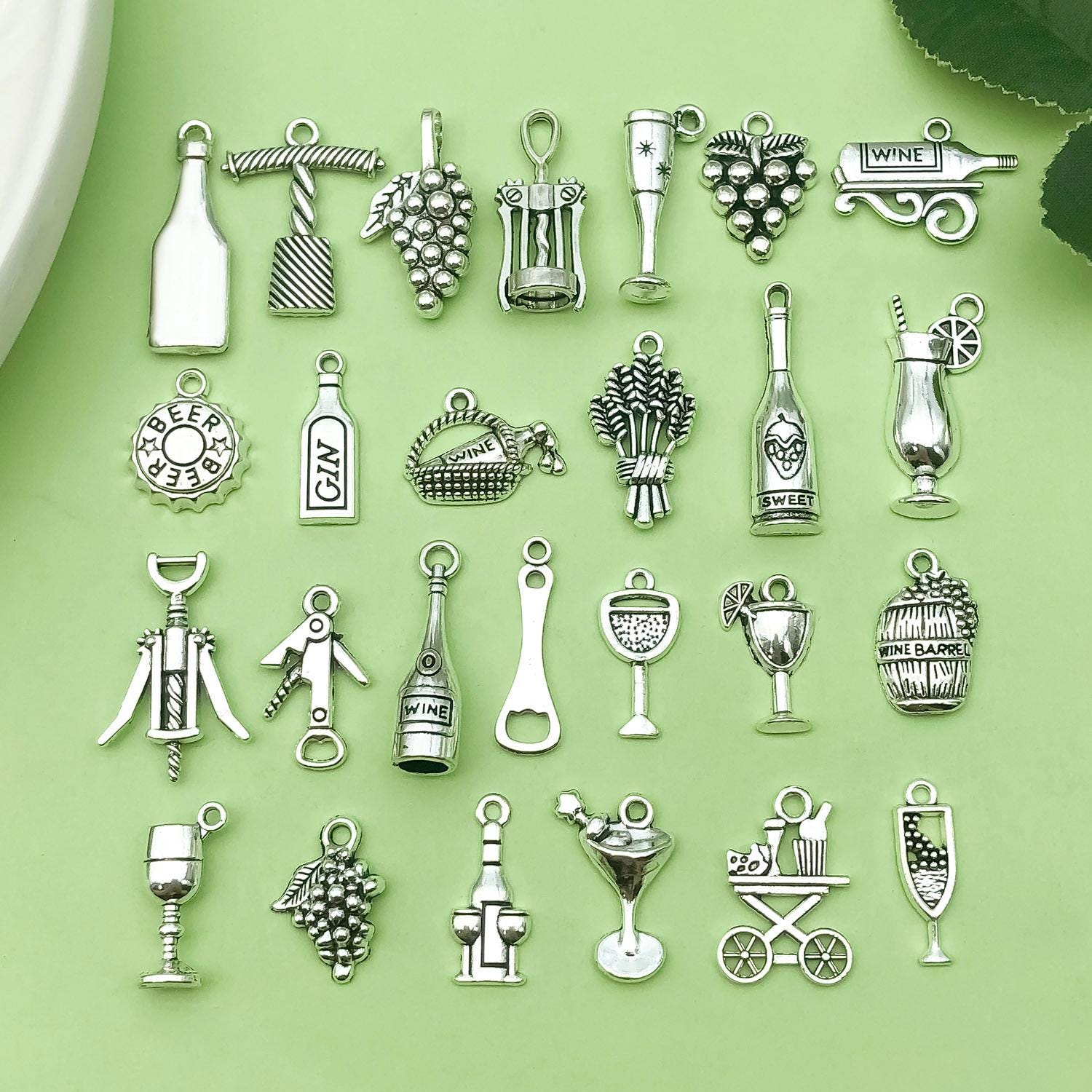 25pcs Mix Antique Silver Wine Charms Tasting Wine Grape Cocktail Glass ...