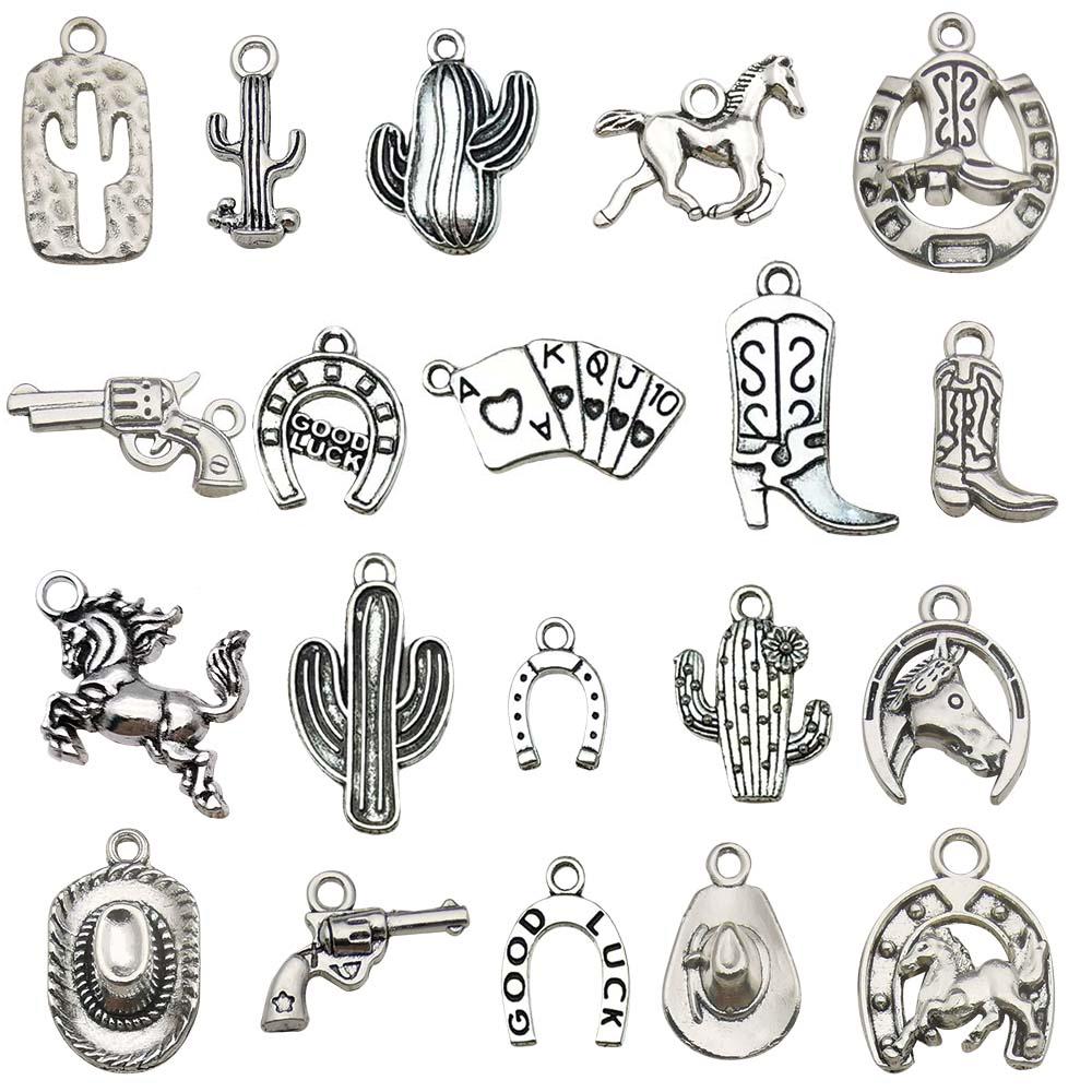 20 stücke Western Cowboy Charme Antike Silber Ton Stiefel Kaktus Anhänger DIY Halskette Armband Schlüsselbund Schmuck machen Crafting Zubehör