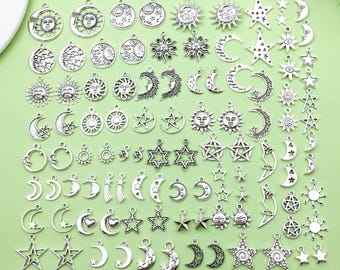 Mix 100 stks bulk antiek zilveren sterren maan zon Charms gemengde Hanger voor DIY ketting armband oorbellen Sieraden Maken ambachtelijke accessoires: