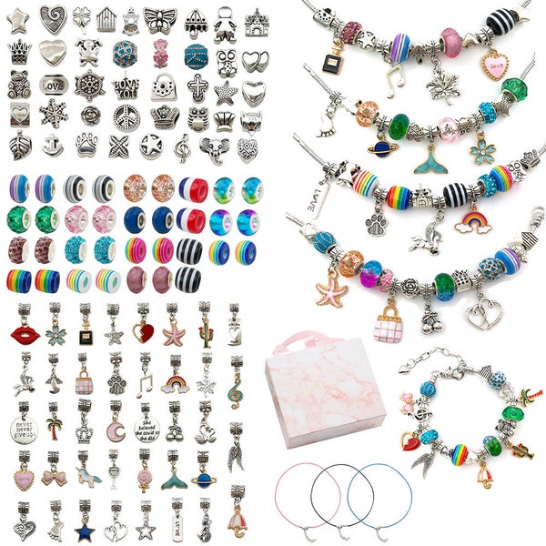 Juego de 122 Uds. De pulseras con dijes, conjunto DIY, Kit para hacer pulseras con dijes, para niñas y niños, pulsera DIY, fabricación de joyas, regalo de Navidad