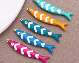 2/5pcs Stainless Steel Enamel Fish Charm Gold Plated Marine Life Fish Pendant for DIY Earring Necklace Bracelet Beach Jewelry Making 8x40mm