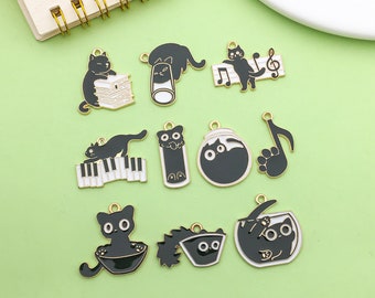 10pcs Random Mix Enamel Alloy Cute Black Cat Musical Cat Charm Pendant for Bracelet Necklace Earrings Jewelry Making Accessories