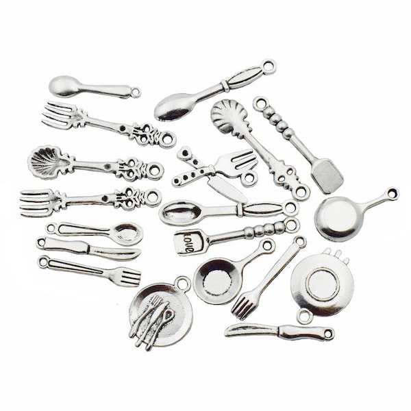 100pcs Craft Supplies Fork Knife Spoon Kitchen Tableware Cooking Charms Pendants for Crafting, Jewelry Findings Making Accessory M12