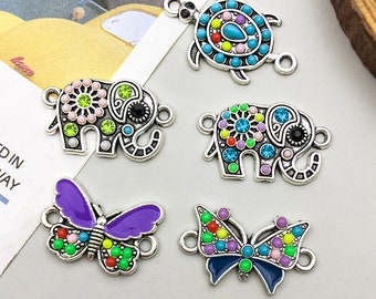 5 piezas de plata antigua elefante mariposa conexión de doble agujero encanto DIY colgante para pulsera collar joyería accesorios artesanales