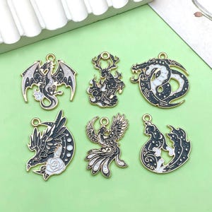6 pezzi ciondolo drago e fenice in smalto nero, ciondolo animale volpe gotica per orecchini fai da te, collana, bracciale, accessorio per la creazione di gioielli