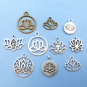 20/40/60PCS Antique Silver Round Lotus Flower Charm Pendant Lotus Charms Flower Charms Antique Silver Plated Charms