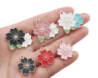 10/20/30pcs Zinc Alloy Enamel Gold Plated flowers Charms， Delicate Sakura necklace earring Pendant for Fashion Jewelry Making Supply