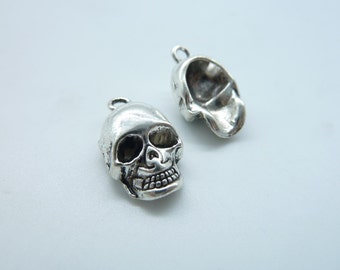 May include: Two silver skull charms with a detailed design. The skull on the left has a detailed face with teeth and eye sockets. The skull on the right is a profile view.