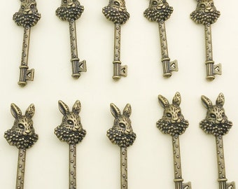 10pcs 16x51mm Antique Bronze Alice Rabbit Bunny Key Charm Pendant c8333