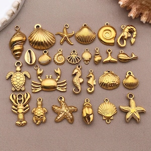 5pcs Stainless Steel Sea Animal Charm Gold 0cean Starfish Shell Dolphin Turtle Charm Summer Beach Pendants for Hawaii Jewelry Making Finding