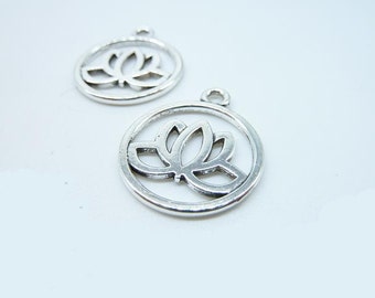 20pcs 20mm Antique silver Round Lotus Flower Charm Pendant c7974