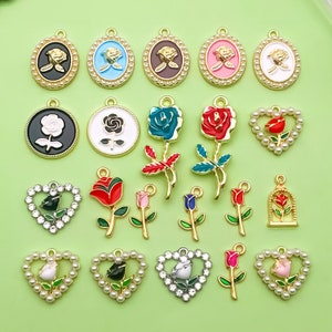 Mix 20pcs bulk Zinc Alloy Enamel Gold Plated roses flower Charms Pendant for DIY Fashion Jewelry Making Supply