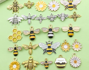 25pcs Mixed Bulk Enamel Bee Honeycomb Charms Tibetan Silver Animal Pendants DIY for Jewelry Making Decoration Craft Accessories