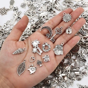 Pu&ograve; includere: Una collezione di ciondoli in argento con vari disegni, tra cui una palma, una conchiglia, una luna crescente, un pupazzo di neve, una mano con le parole "Hand Made", una foglia, un cuore, un albero e un elefante.