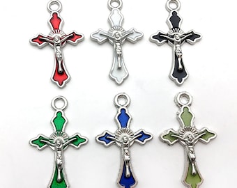 10/20/30pcs enamel Crucifix Charm, Religious Charms,Bracelet necklace pendant Antique Silver Tone,for Crafts and Jewellery Making