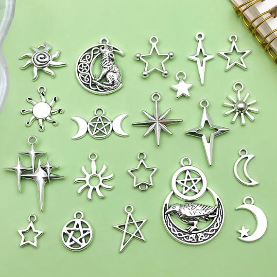 76 Ciondoli Vintage A Forma Di Stella, Luna E Sole In Lega Bronzo E Argento - Per Creazioni Fai Da Te - 3