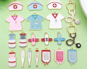 10/20pcs Enamel Medical Theme Series Charm Stethoscope Nurse Hat Thermometer Syringe Pendant for DIY Jewelry Making Crafts Accessories