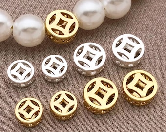 5/10/15pcs Real 18K Gold Plated Brass Beads 6/8mm Coin Beads Flat Round Spacer Beads Hollow Loose Beads for DIY Bracelet Jewelry Making
