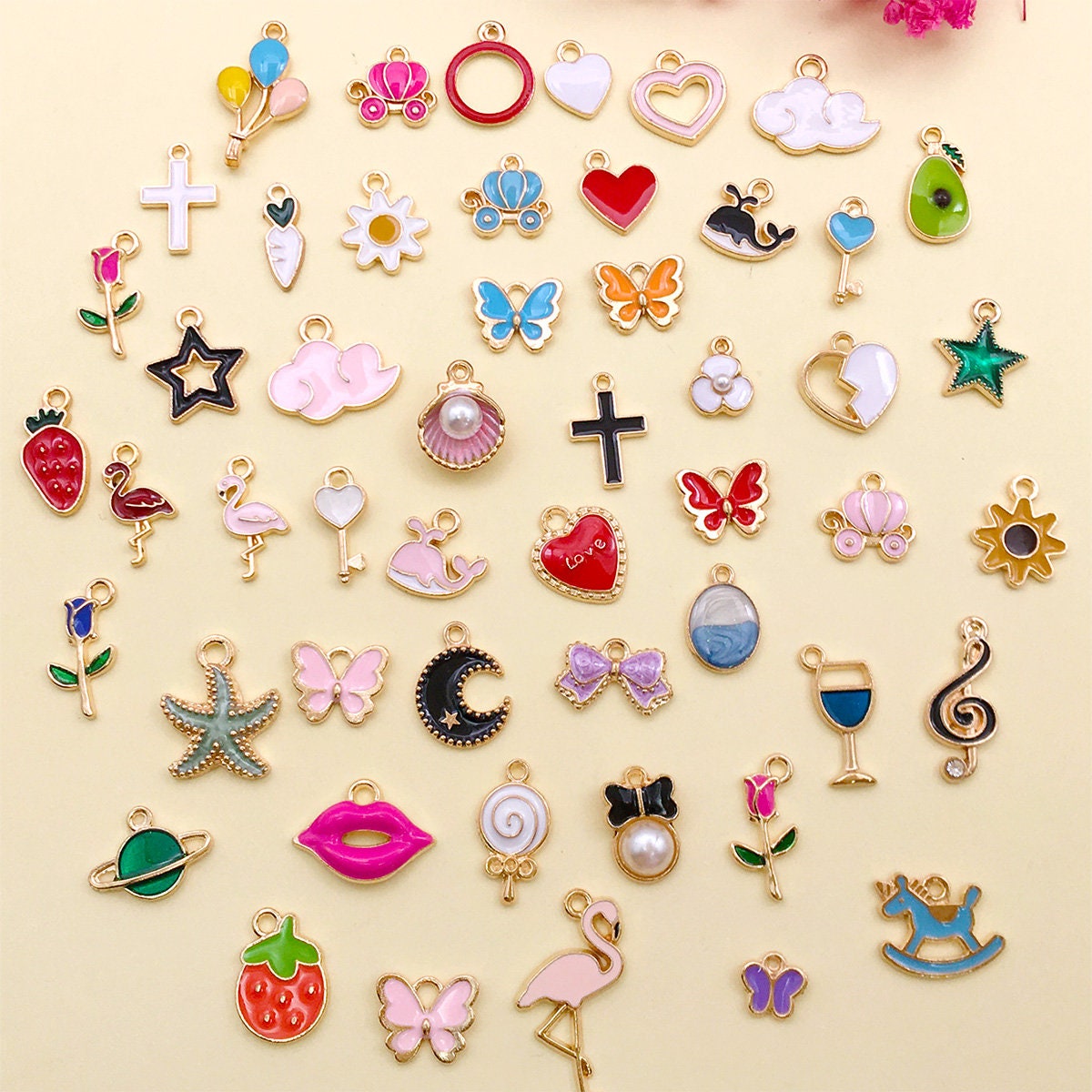 10-50pcs/Lot Random Mixed Kawaii Colorful Enamel Charms For Jewelry Making  Supplies Heart Sunflower Pendant Charms In Bulk Items