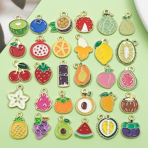 May include: A collection of colorful enamel fruit charms, including kiwi, blueberry, passion fruit, and strawberry. Each charm has a gold-colored loop for attaching to jewelry or other crafts. The charms are in various shapes and sizes.