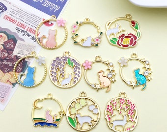 Mix 10pcs bulk Enamel Cat Charms cute gold plated Pendant for DIY Bracelets Earrings Necklaces jewelry Making Accessories