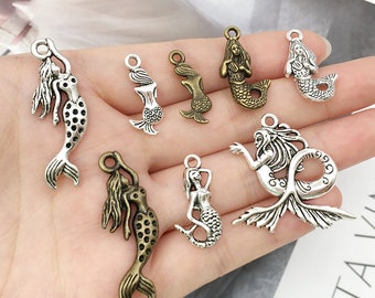 10/20/30PCS Small Mermaid Charms Ocean Sea Charms Antique Silver Tone Charms Wholesale Mermaid Charm Ancient bronze mermaid charms