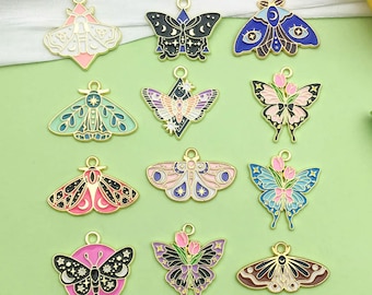 10/12pcs Enamel Gold Plated butterfly skeleton moth Charm DIY Halloween Pendant for Earrings Necklace Jewelry Making Craft Accessories