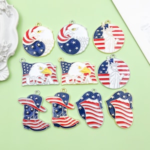 10pcs American Flag Enamel Charms 4th of July Independence Patriotic Dangle Pendant Decor for DIY Earrings Bracelets Jewelry Making Supplies