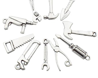 50pcs Antique Silver Tool Mini ax Impact drill screwdriver Saws Wrench Charm Pendant 10 kinds Tool Series M28