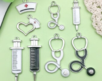 8/10pcs Enamel Medical Theme Series Charm Stethoscope Syringe Pendant for DIY Necklace Earrings Jewelry Making Crafts Accessories