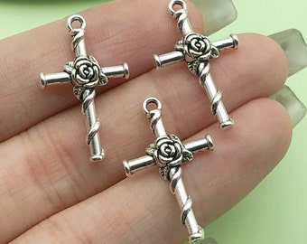 20pcs Antique Silver Cross Charm flower Cross Metal Pendant for DIY Bracelet Necklace Earrings Jewelry Making Accessories 15x26mm