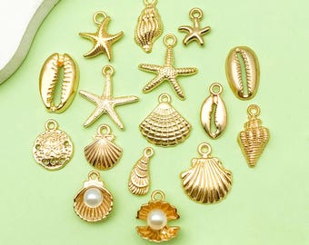 16/20pcs Mixed KC Gold Shell Dolphin Sea Life Charm for Bracelet Jewelry Earrings Necklace Jewelry Craft Accessories DIY Finding