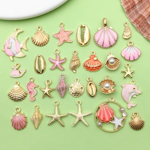 28pcsBulk Enamel Sea Life Charm KC Gold Shell Starfish Gold Plated Pendant for Beach Jewelry Making DIY Craft Keychain Ornament Accessories