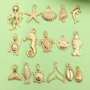 16pcs Mixed KC Gold Shell Dolphin Sea Life Charm for Bracelet Jewelry Earrings Necklace Jewelry Craft Accessories DIY Finding Jewelry Making