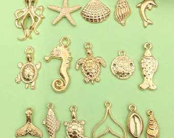 16/20 piezas KC Gold Shell Dolphin Charm de vida marina para pulseras, pendientes, collares, accesorios de joyería para manualidades, fabricación de joyas DIY