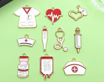 10/20pcs Mix bulk Nurse Charms Stethoscope Charms Medical Enamel Charms Syringe Nurse Hat DIY Jewelry Making Crafting Accessories