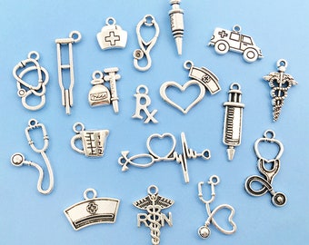 10pcs Stethoscope Charm Antique Tibetan silver Medical Stethoscope Charm pendant，Mixed Nurse Charms，DIY jewelry Craft Accessories