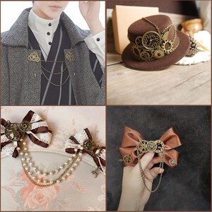 May include: A set of three steampunk-style brooches featuring intricate gear and clock designs. The brooches are made of metal with a bronze finish and have a chain attached. The brooches are shown on a brown background.