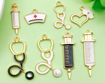8/10pcs Enamel Medical Theme Series Charm Stethoscope Nurse Hat Thermometer Syringe Pendant for DIY Jewelry Making Crafts Accessories